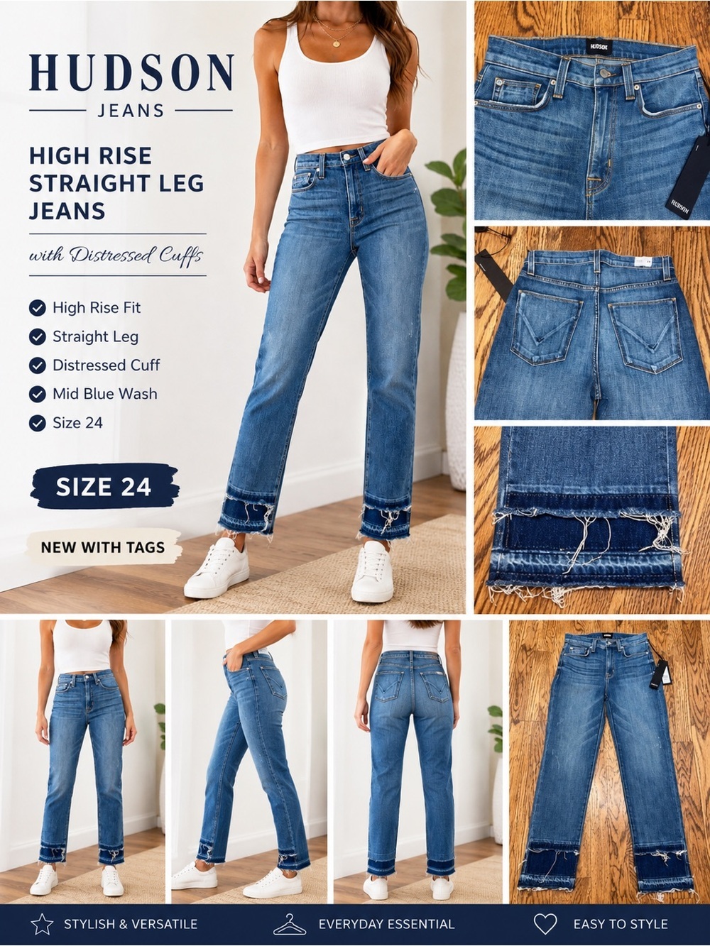 Hudson Jeans High Rise Straight Leg Distressed Cuff Jeans Size 24